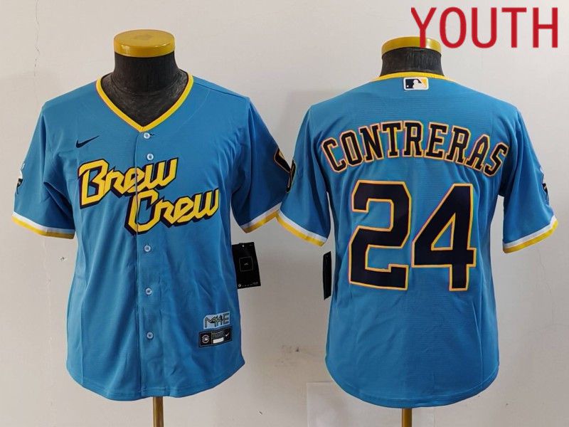 Youth Milwaukee Brewers 24 Contreras Blue City Edition 2024 Nike MLB Jersey style 1